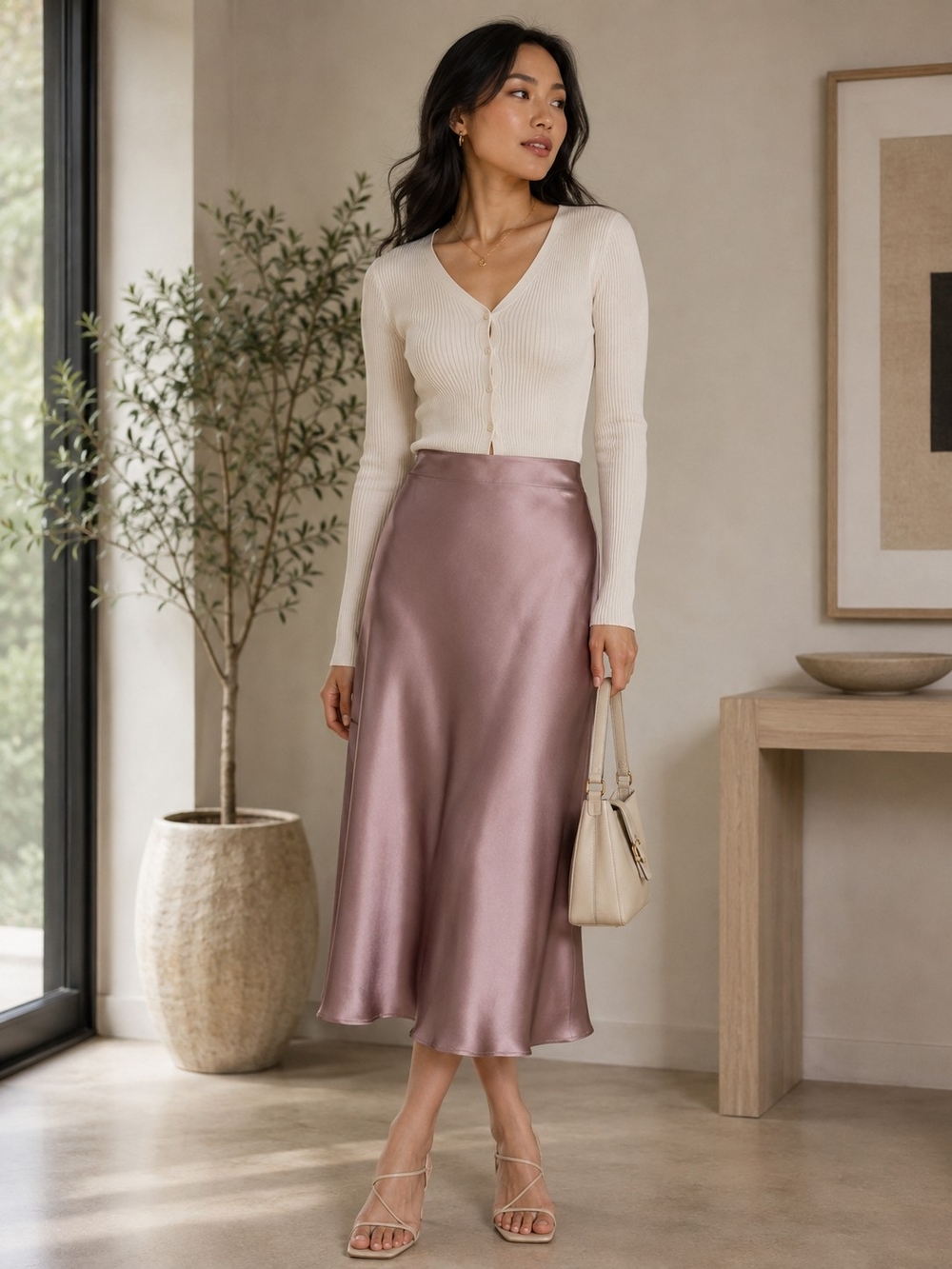 zeagoo Satin Bias Midi Skirt in Dusty Mauve